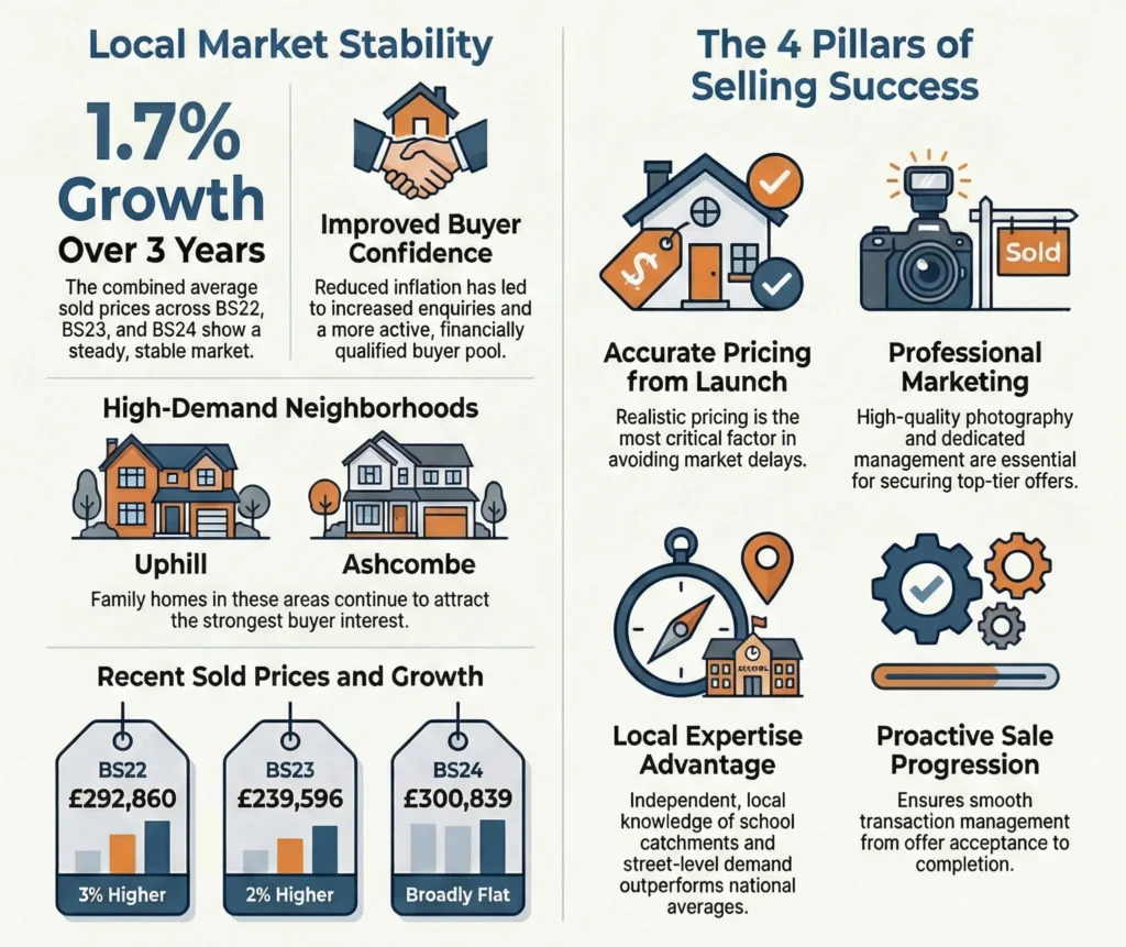 Infographic detailing house price trends in Weston-super-Mare in 2026.